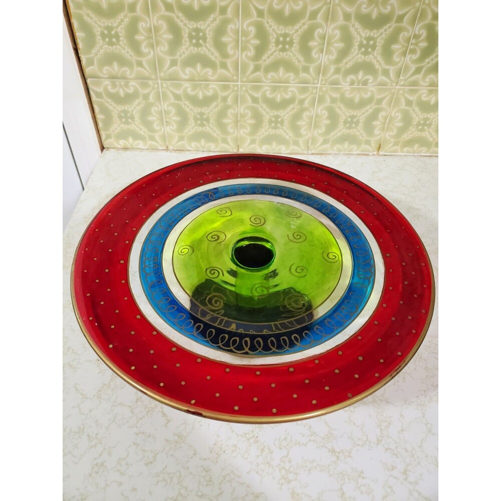 Pier 1 Festive Stripe Cake Plate Christmas Holiday Colorful 12" Stand